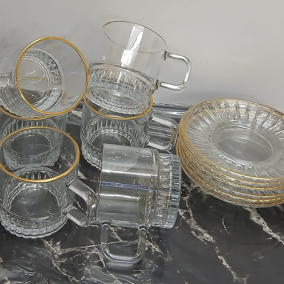 6-Piece Glass Cup and Saucer Set with Gold Rim 270ml