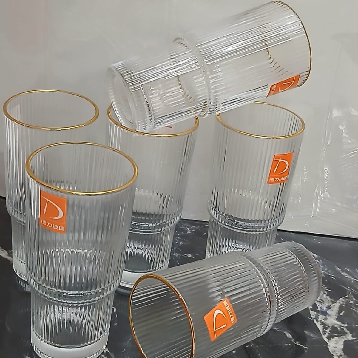 6-Piece Borosilicate Glass Drinking Set with Gold Rim