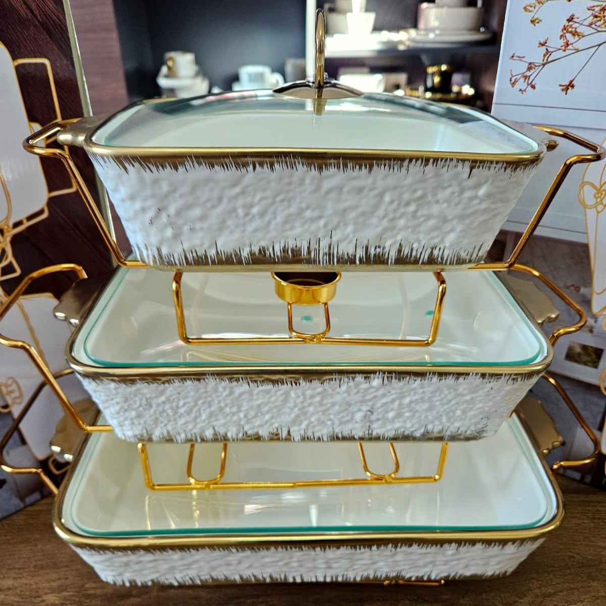 3 Piece Food Warmer Set with Gold Stand 3.5L, 2.7L and 1.8L