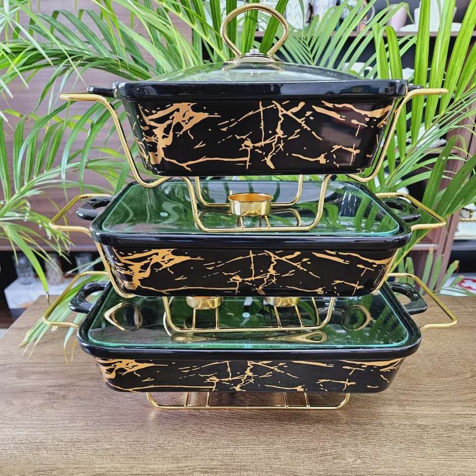 3 Piece Food Warmer Set with Gold Stand 3.5L, 2.7L and 1.8L