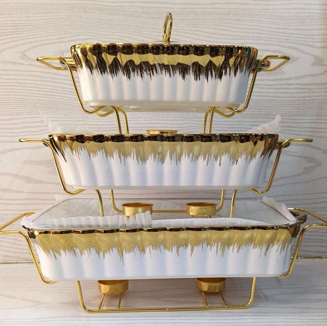 3 Piece Food Warmer Set with Gold Stand 3.5L, 2.7L and 1.8L
