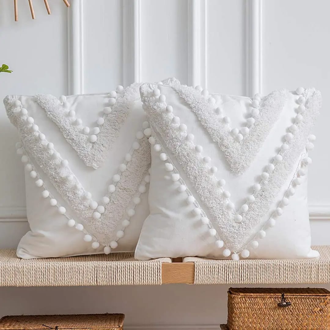 White Tufted Cushion Cover with Pompom Details