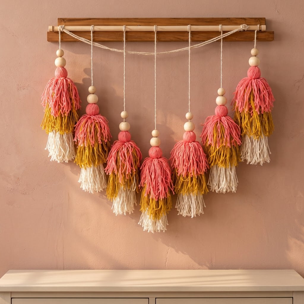Handmade Boho Tassel Wall Hanging with Wooden Bead Accents