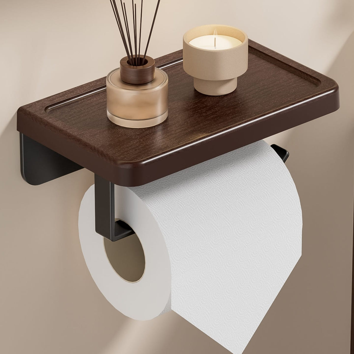 Wall Mounted Toilet Paper Holder with Wood Grain Shelf