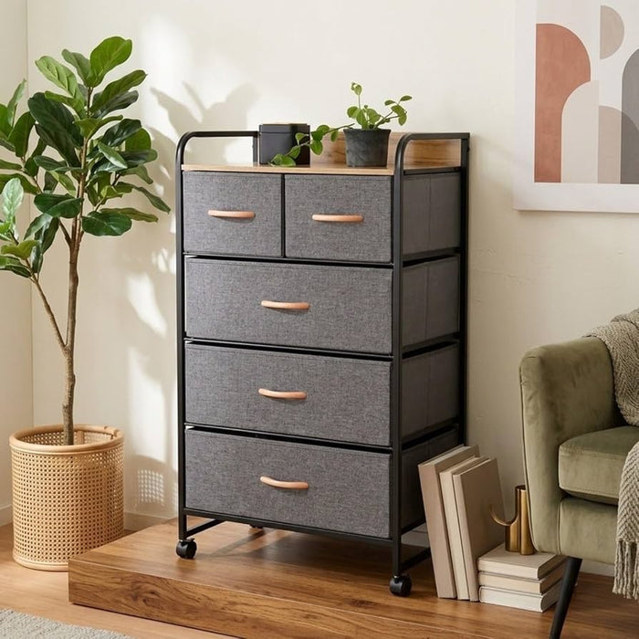 103cm 5-drawer grey linen fabric storage cabinet with black metal frame, wood top and lockable wheels, available in Nairobi, Kenya