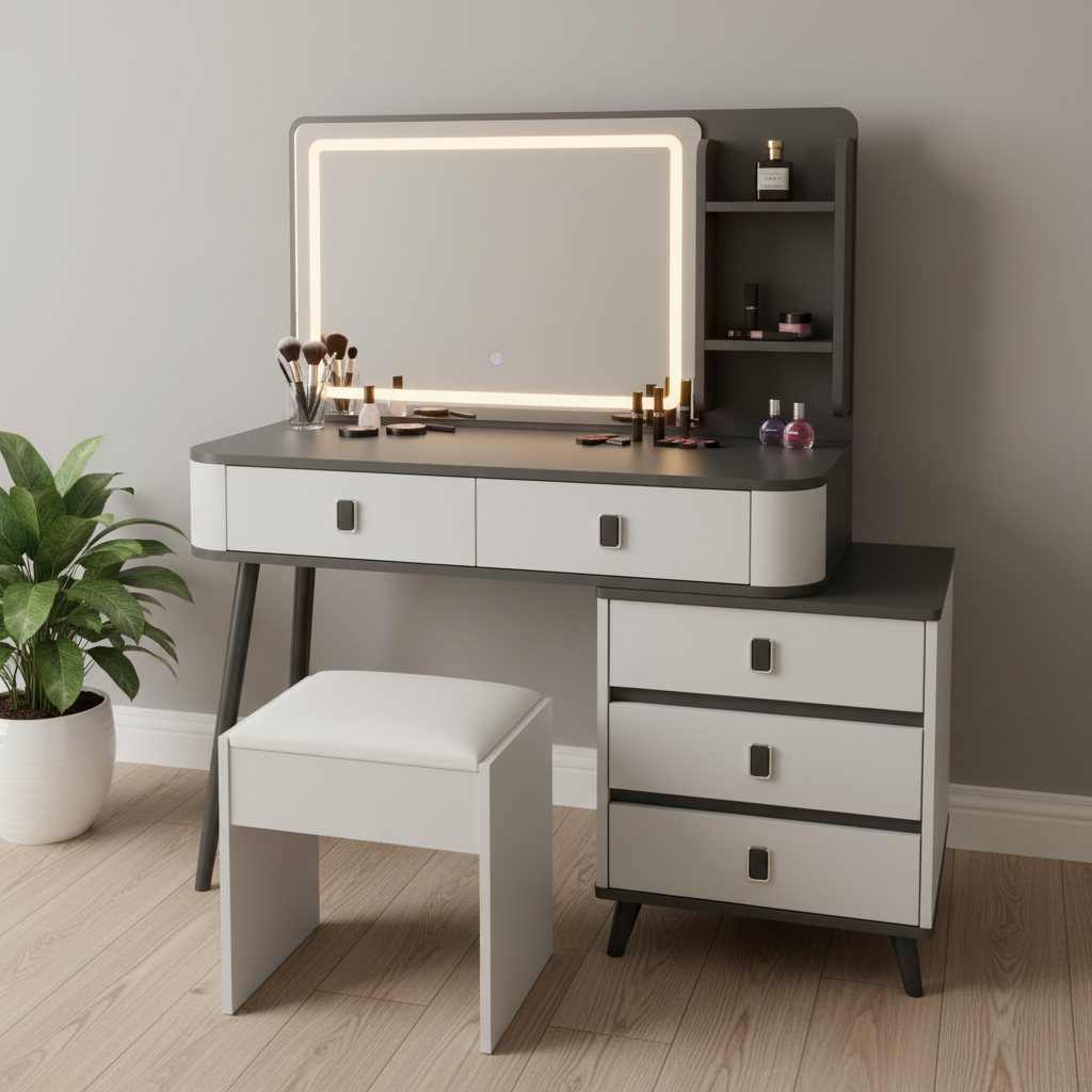LED Dressing Table with Drawers, Shelves, and Stool