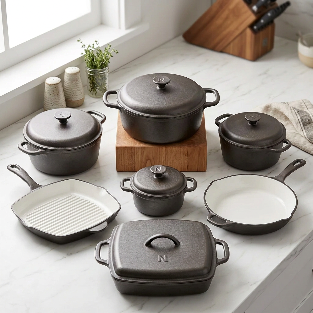11-piece dark grey enamel cast iron cookware set with casserole pots, frying pan, grill pan and baking tray, available in Nairobi, Kenya.