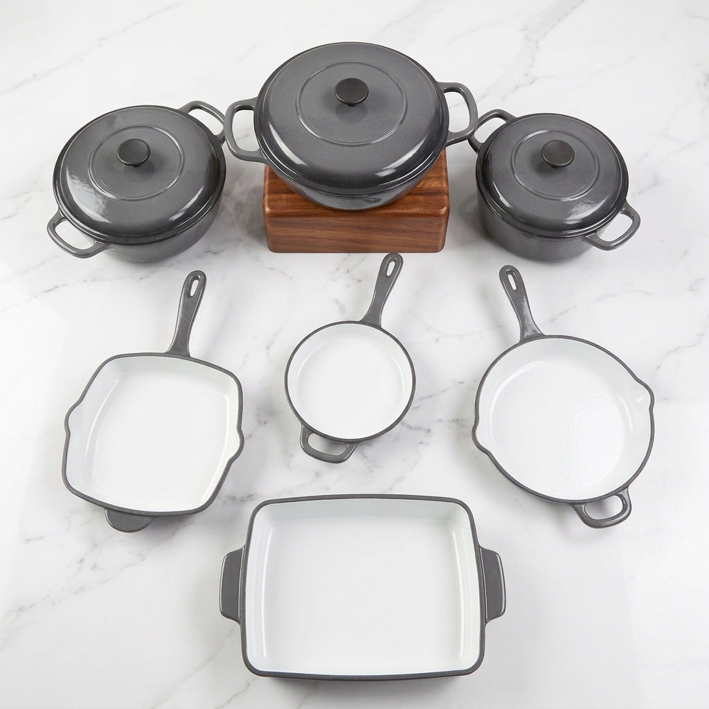 11-piece dark grey enamel cast iron cookware set with casserole pots, frying pan, grill pan and baking tray, available in Nairobi, Kenya.