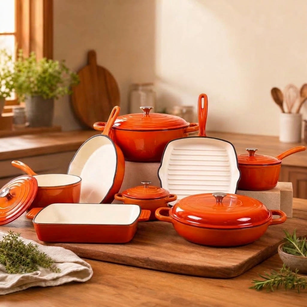 11-piece orange enamel cast iron cookware set with casserole pots, frying pan, grill pan and baking tray, available in Nairobi, Kenya.