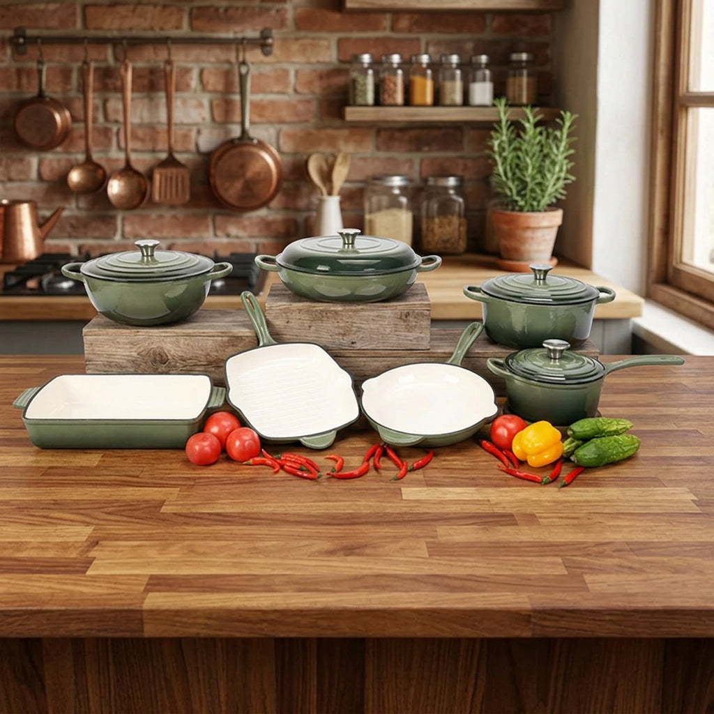 11-piece salt green enamel cast iron cookware set with casserole pots, frying pan, grill pan and baking tray, available in Nairobi, Kenya.