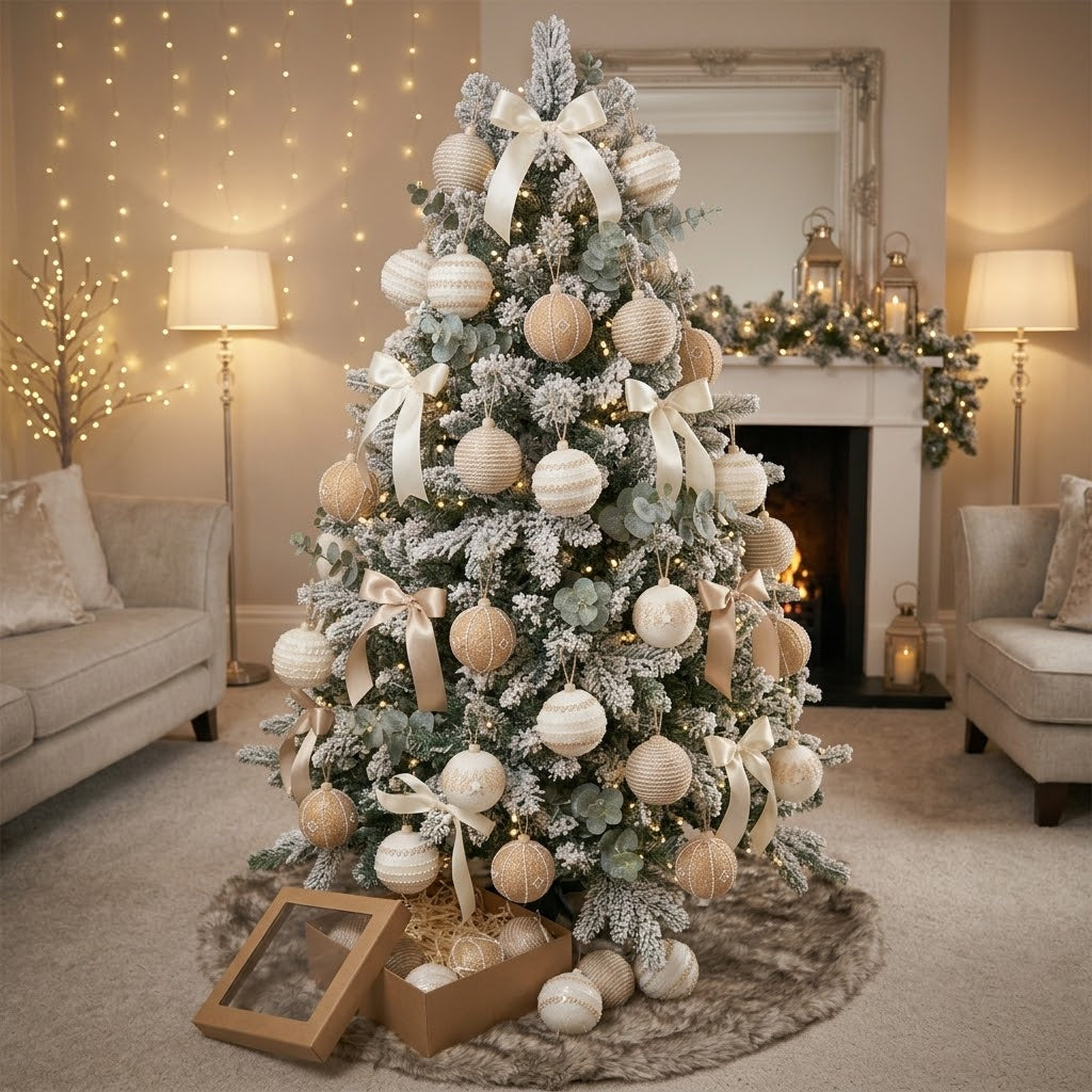 12-piece champagne gold and ivory Christmas baubles set, 8cm, with pearl details and rustic textures, available in Nairobi, Kenya