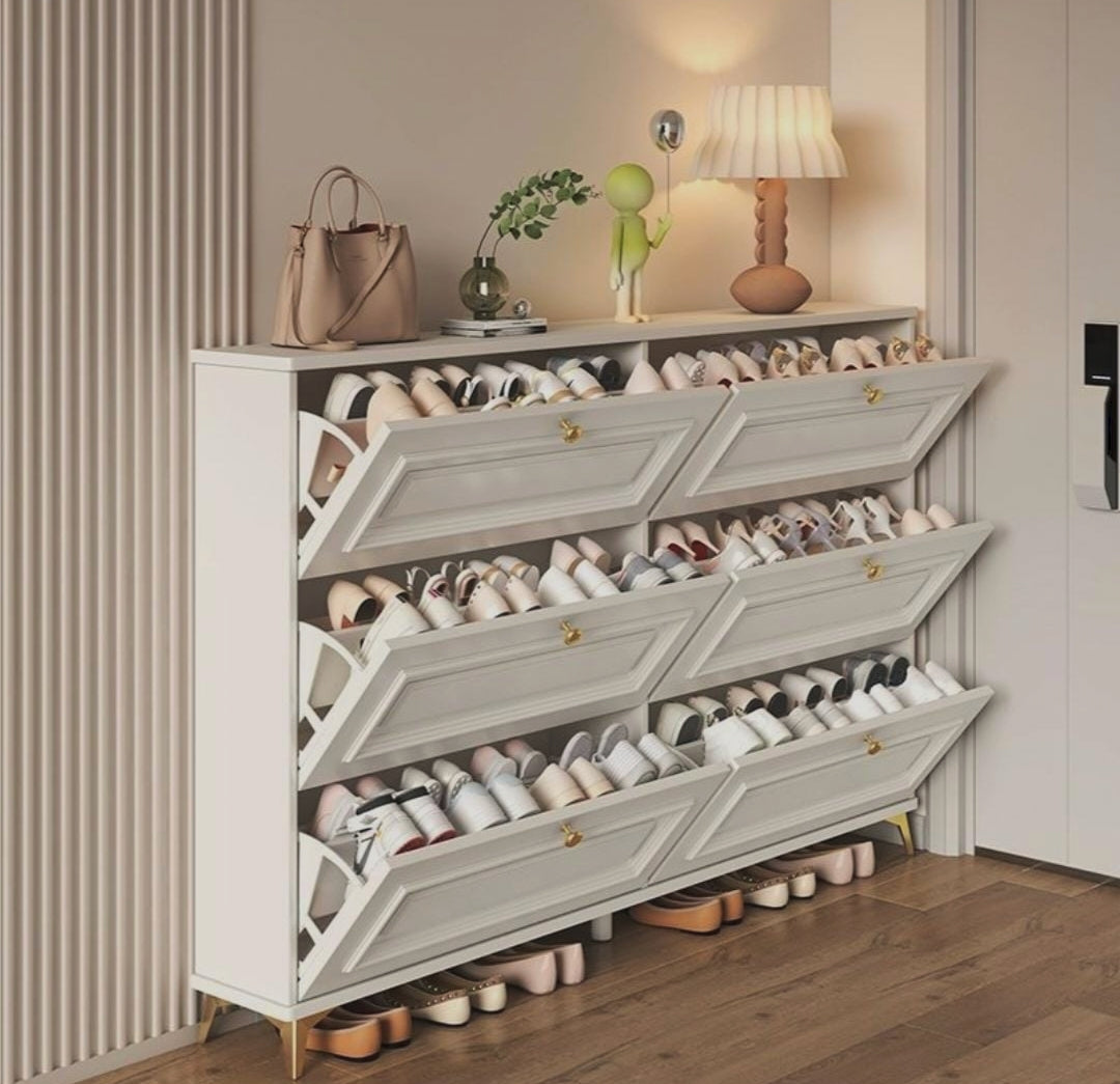 120cm double-layer shoe rack with 3 foldable drawers, golden handles and metal legs, available in Nairobi, Kenya