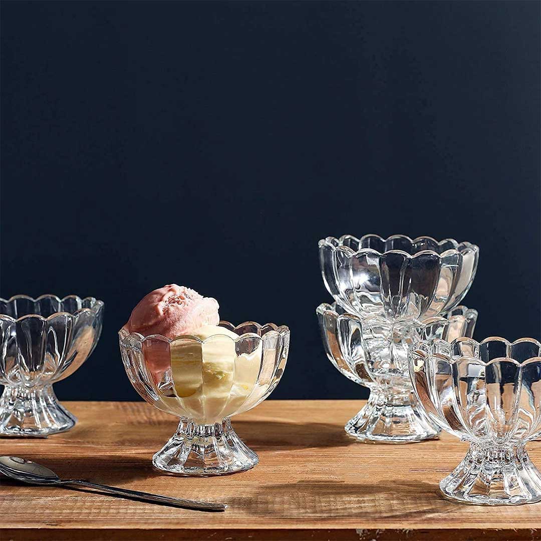 120ml glass ice cream bowl with scalloped edge and pedestal base for desserts and snacks