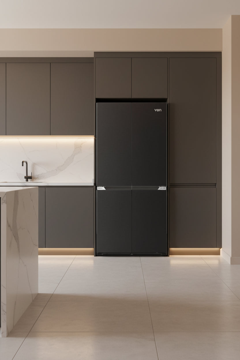 505l four door no frost fridge dark inox inverter refrigerator 905x597x1902mm multi compartment smart cooling system energy efficient premium kitchen appliance adjustable shelves freezer drawers