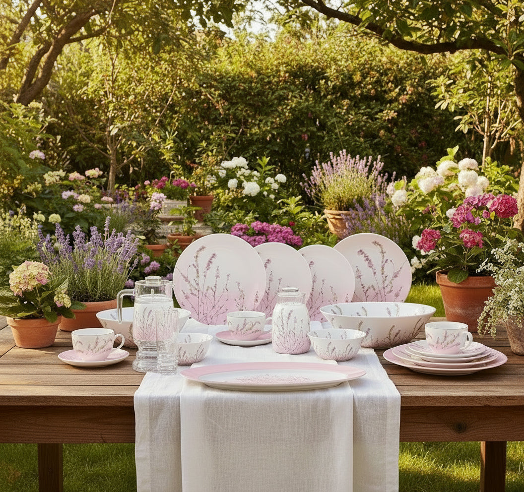 Simply Trompette N2142 46-piece dinner set with plates, bowls, glasses, mugs, tray, and jug.