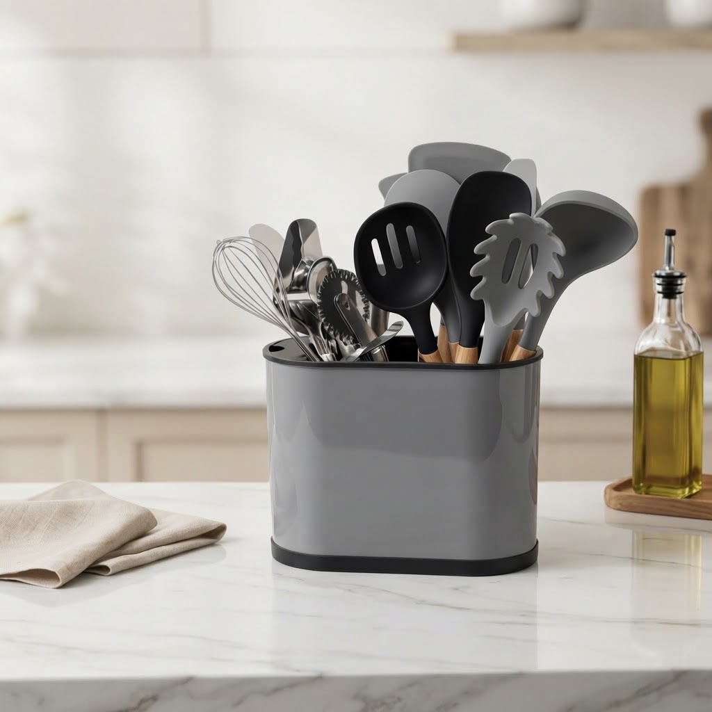 Gemelli Collections 16-piece kitchen accessories block set with silicone cooking utensils, kitchen gadgets and grey countertop organiser.