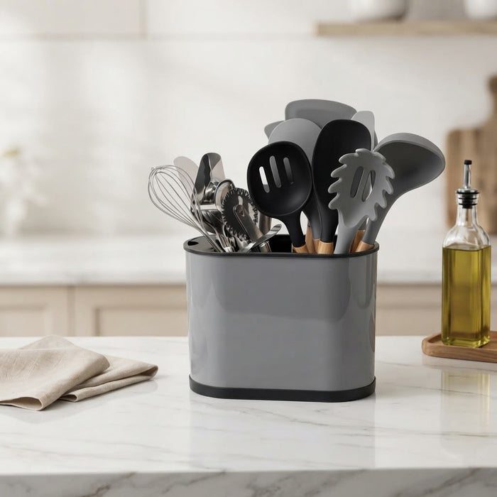 Gemelli Collections 16-piece kitchen accessories block set with silicone cooking utensils, kitchen gadgets and grey countertop organiser.
