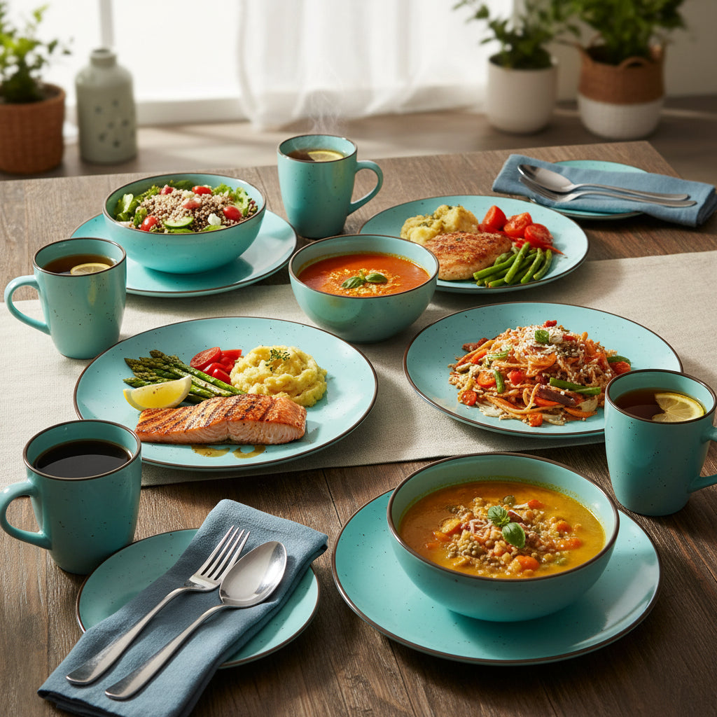 16-piece speckled light cyan ceramic dinner set with brown rim, includes plates, bowls, and mugs