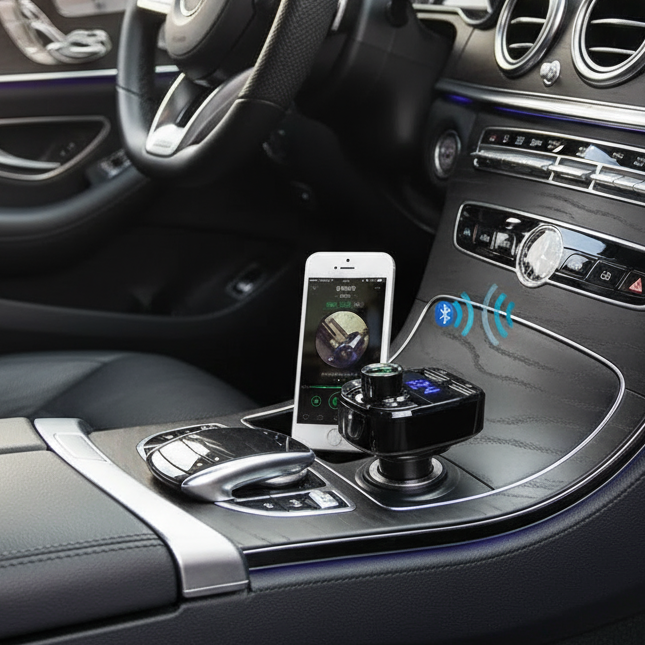Gemelli Collections car charger FM transmitter with Bluetooth, MP3 player, and hands-free calling