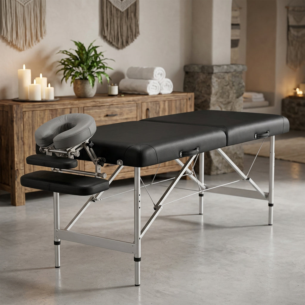185 × 80 cm three-section adjustable massage table with face cradle and arm sling shelf, black, available in Nairobi, Kenya