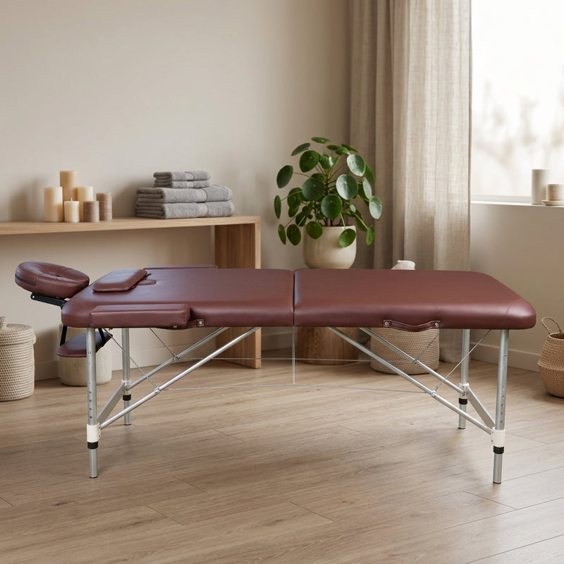 185 × 80 cm three-section adjustable massage table with face cradle and arm sling shelf, brown, available in Nairobi, Kenya