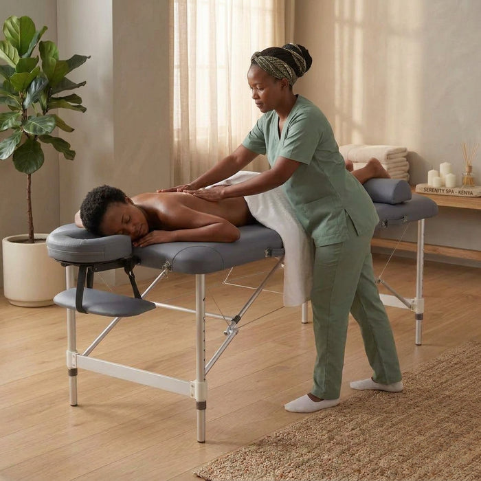 185 × 80 cm three-section adjustable massage table with face cradle and arm sling shelf, grey, available in Nairobi, Kenya