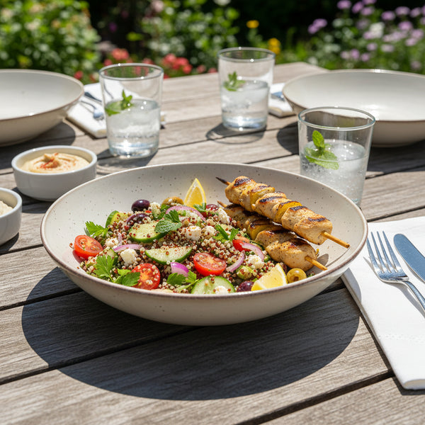 Set of 6 ceramic deep plates, 23cm, speckled beige reactive glaze with rustic brown rim, ideal for pasta and saucy dishes