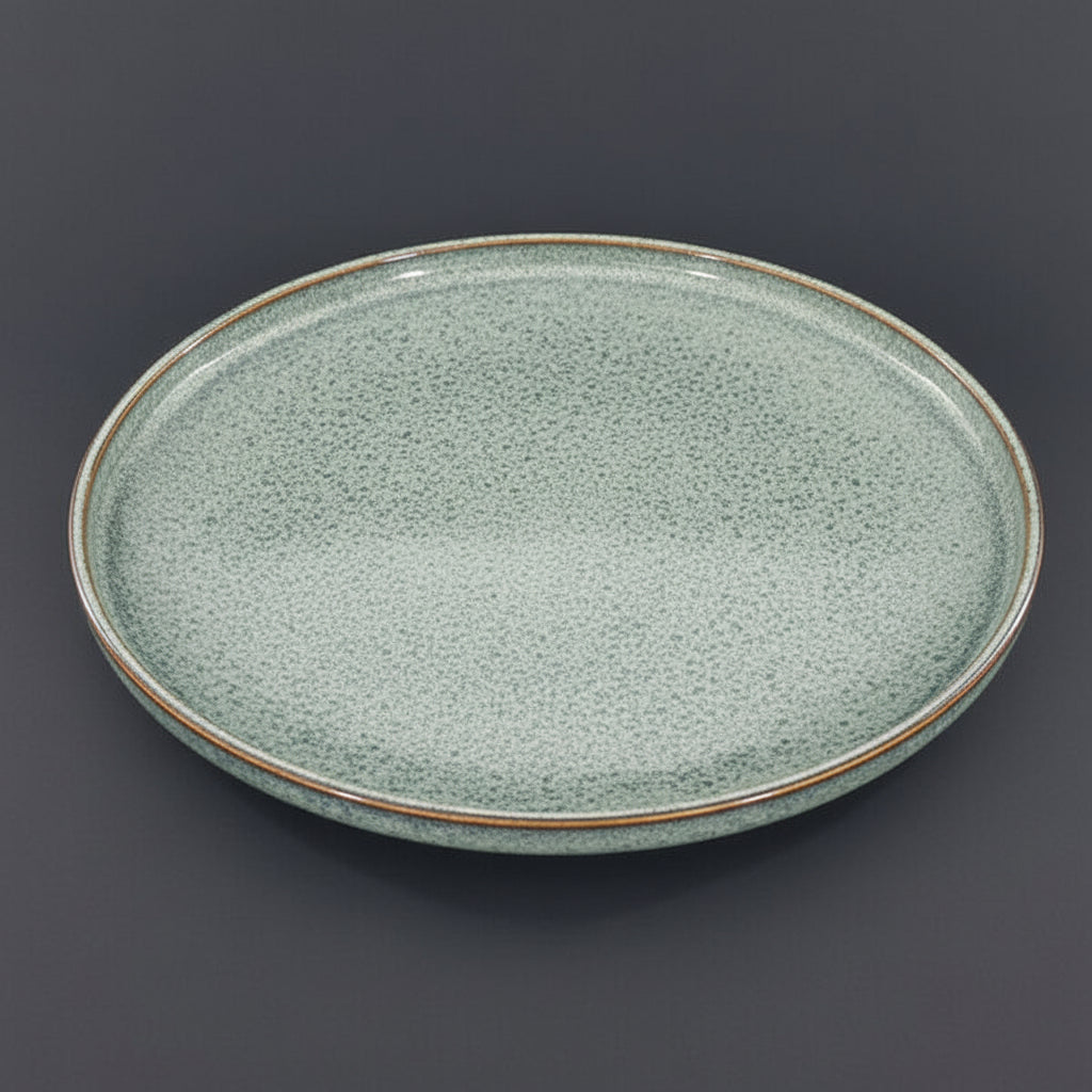 26cm ceramic dinner plate with speckled green-blue reactive glaze, unique artisan pattern