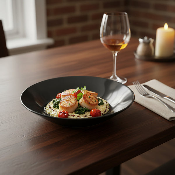 21.5cm glossy black ceramic deep plate for pasta, soups, and saucy meals