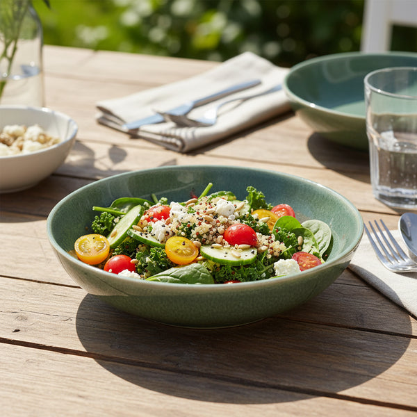 21.5cm speckled green ceramic deep plate with reactive glaze for pasta and saucy meals