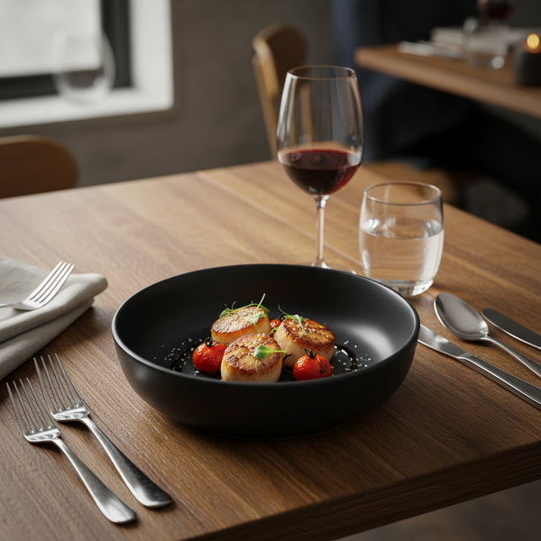 Set of 6 ceramic deep plates, 21cm, matte black, hybrid bowl-plate design for pasta and salads