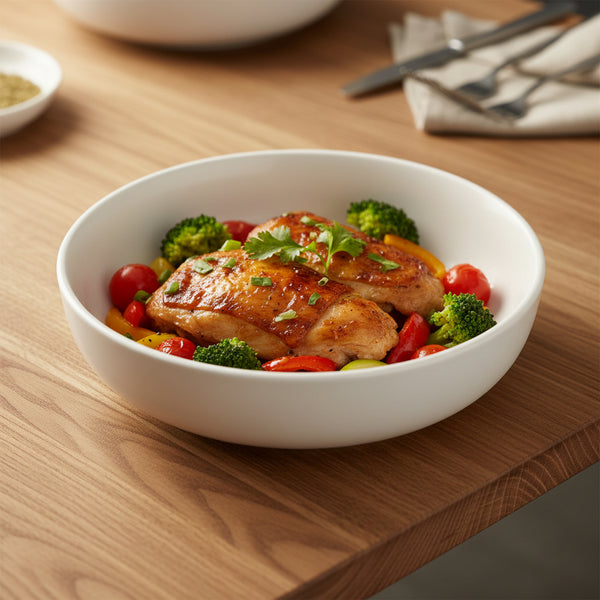 Set of 6 ceramic deep plates, 21cm, light matte beige, hybrid bowl-plate design for saucy meals