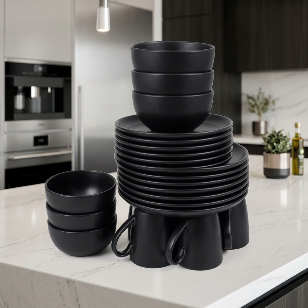 Matte Black Dinner Set with Mugs, Side Plates, Bowls and Dinner Plates 16 Piece and 24 Piece Options