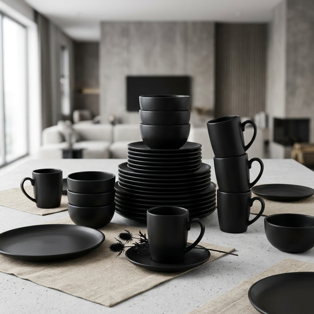 Matte Black Dinner Set with Mugs, Side Plates, Bowls and Dinner Plates 16 Piece and 24 Piece Options