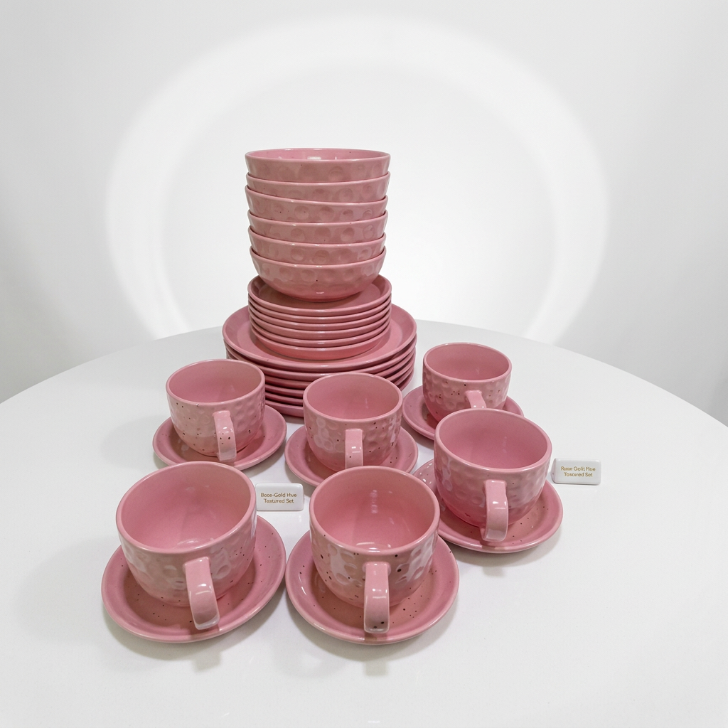 30 Piece Pink Speckled Ceramic Dinner Set with Tea Cups and Saucers