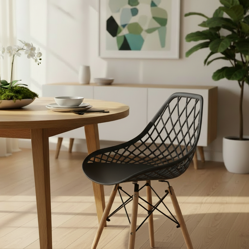 Mesh Plastic Dining Chair with Wooden Legs