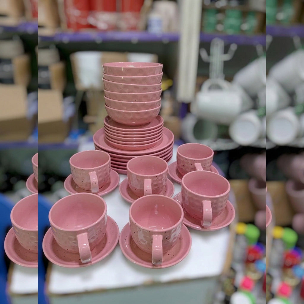 30 Piece Pink Speckled Ceramic Dinner Set with Tea Cups and Saucers