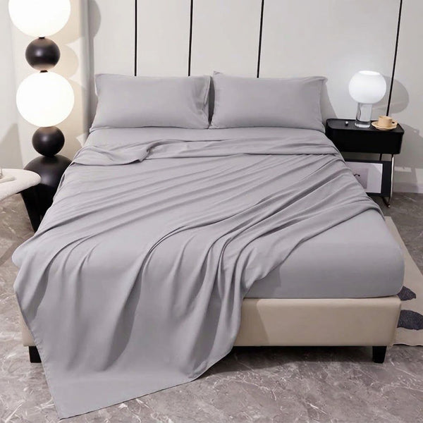 Gemelli Collections cotton plain bedsheet set including one fitted bedsheet, one flat bedsheet, and four pillowcases in 6ft x 7ft size.