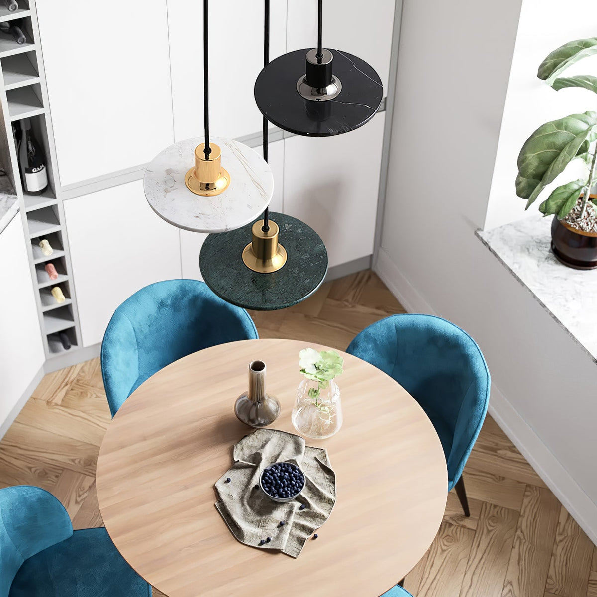 Gemelli Collections marble disc pendant light with natural marble shade and metal accents, available in white marble gold, green marble gold, and black marble chrome finishes for luxury modern interiors.