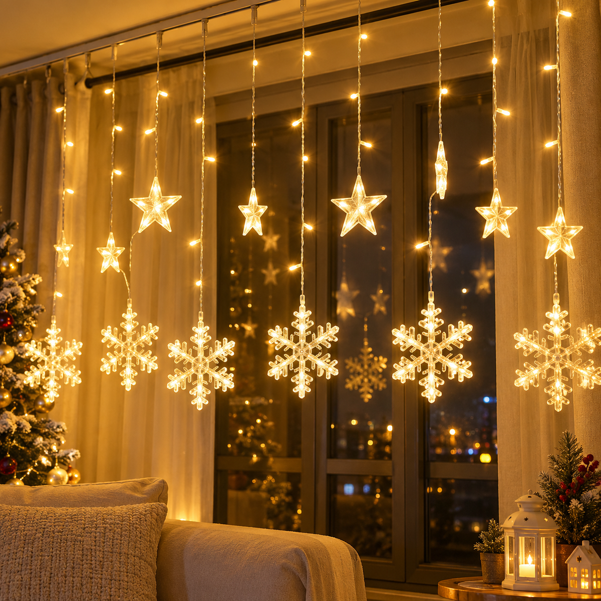 Warm white snowflake curtain light measuring 1 × 3 metres, featuring illuminated snowflake decorations for Christmas windows and indoor festive displays, available in Nairobi, Kenya
