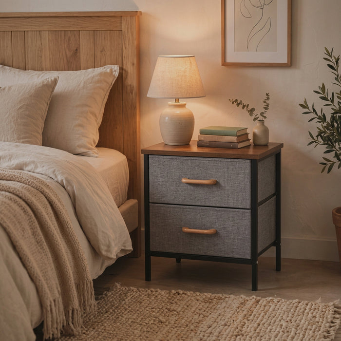 2-drawer fabric bedside storage cabinet, grey with wooden top, 40 × 30 × 53.5cm, available in Nairobi, Kenya