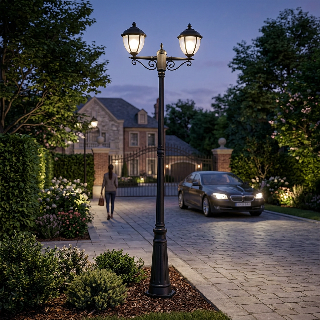 Black 2-headed garden pole light, die-cast aluminium and clear glass, 2300 × 610mm, available in Nairobi, Kenya