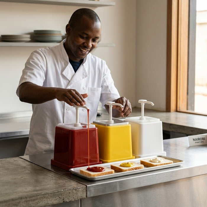 2 litre polypropylene ketchup dispenser in red, mustard dispenser in yellow and mayonnaise dispenser in white, available in Nairobi, Kenya.
