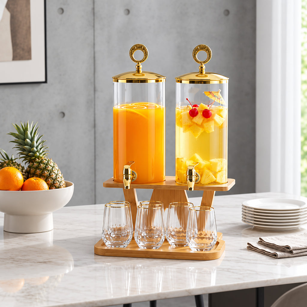 2-piece 3.3L beverage and juice dispenser set with gold metal lids and bamboo bases, available in Nairobi, Kenya