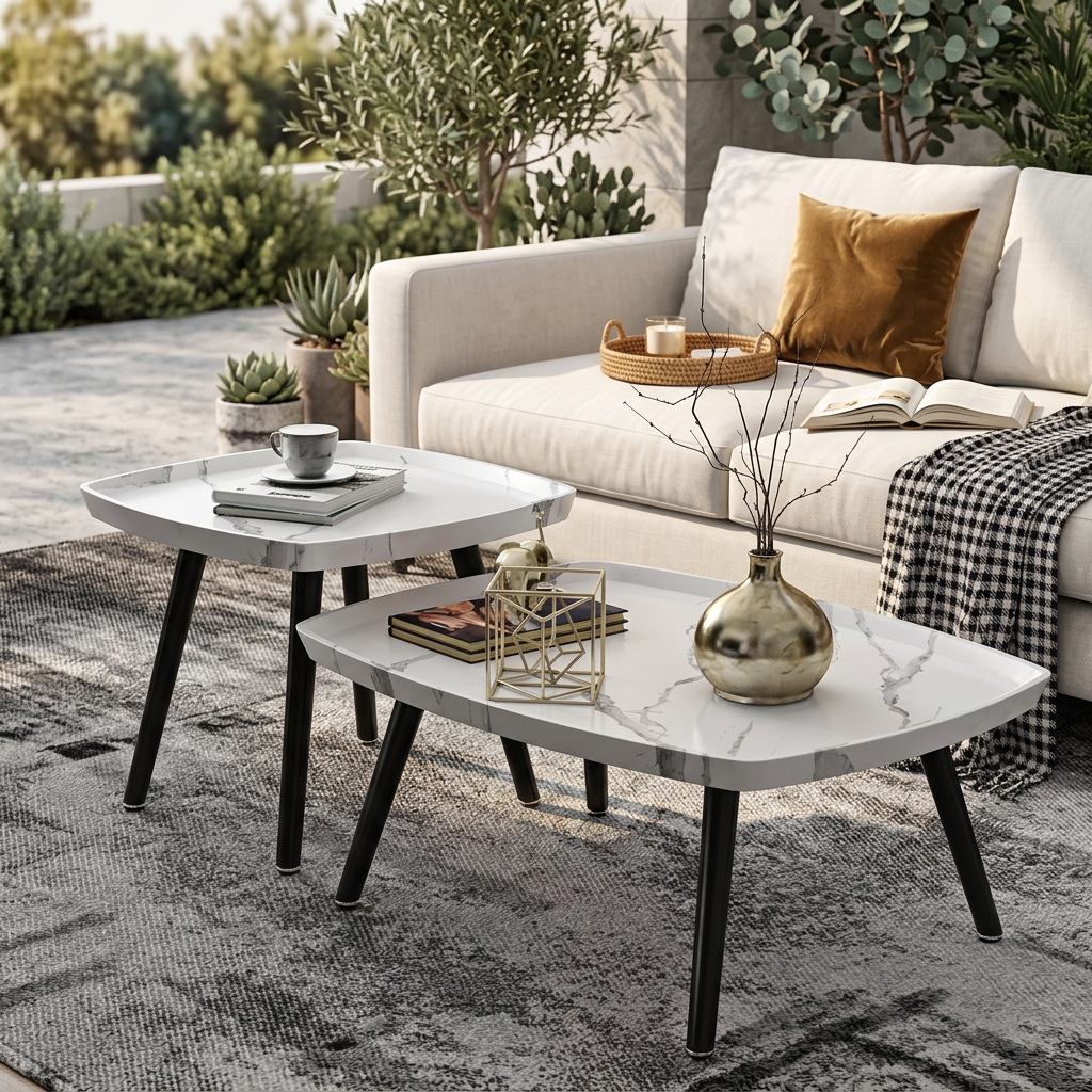2-piece Nordic wooden coffee table set with two tables measuring 60 × 55 × 38cm and 50 × 50 × 48cm for living room décor, available in Nairobi, Kenya.