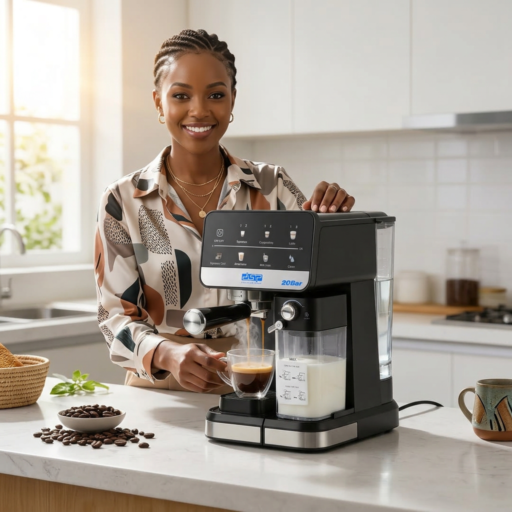 20-bar espresso coffee maker with automatic milk frothing system, LED colour touchscreen, dual Thermoblock heating and cold brew function, available in Nairobi, Kenya.
