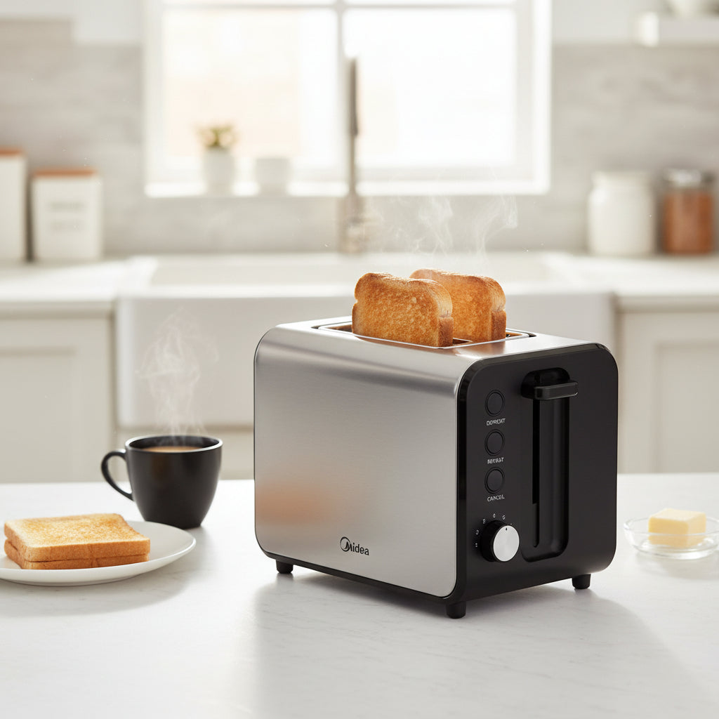 Midea 2-Slice Black Toaster 950W with Adjustable Browning and Defrost Functions