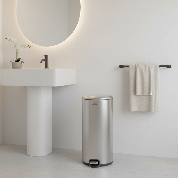 Gemelli Collections SS 20L round silver stainless steel pedal bin with removable inner bucket.