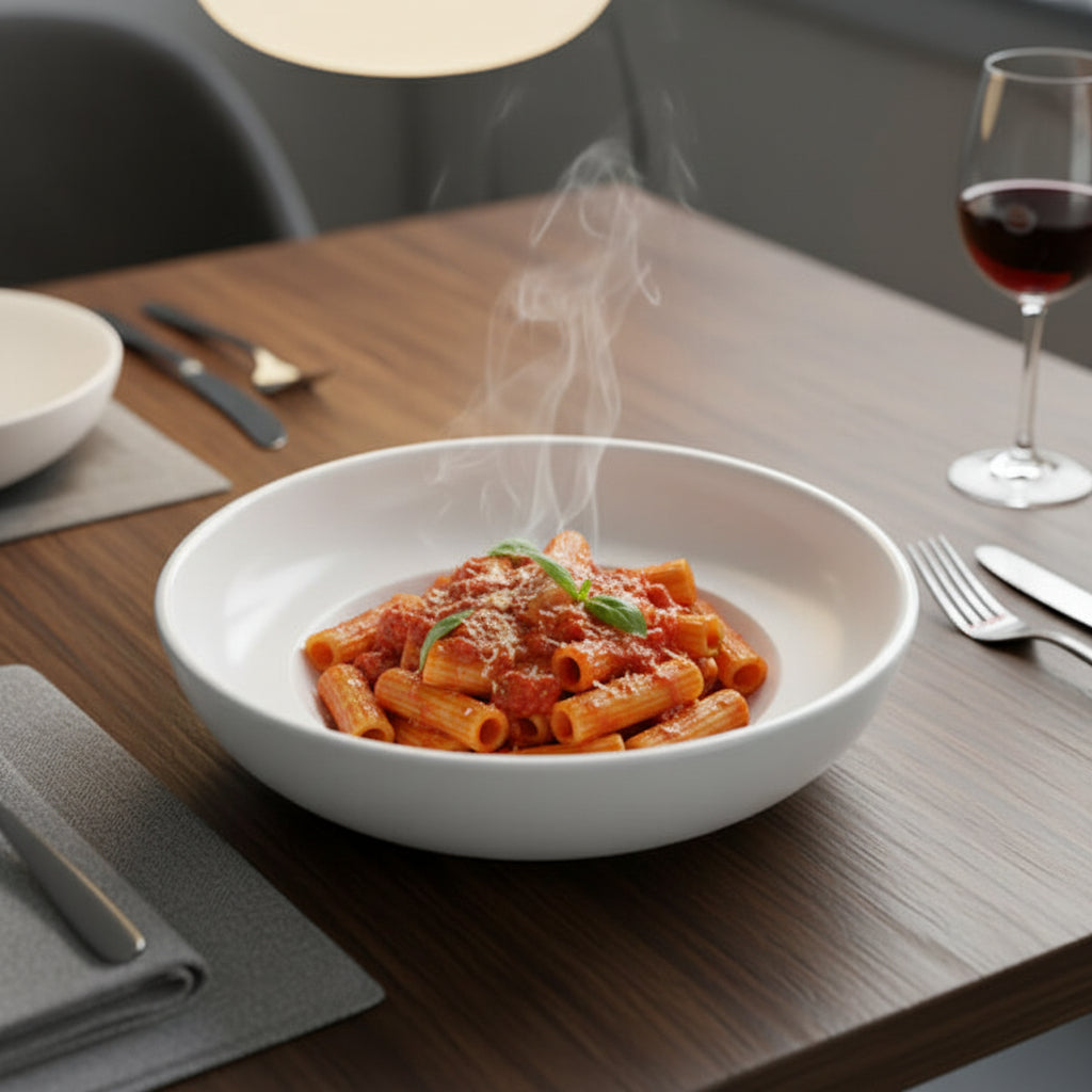 Set of 6 ceramic deep plates, 21cm, matte white, hybrid bowl-plate design for saucy meals