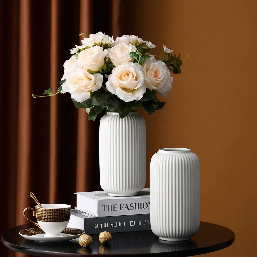 22 cm ribbed ceramic vase with glossy finish, 7 cm wide, available in Nairobi, Kenya